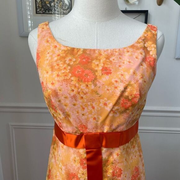 Vintage 60s 70s Orange Yellow Garden Party Chiffon Floral Gown Long Dress 4 6 S - Picture 2 of 9
